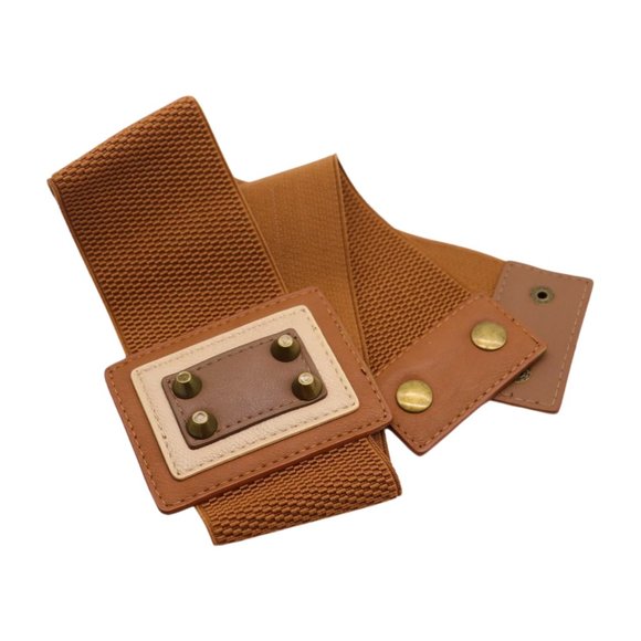 Women Brown Wide Elastic Belt Geometric Square Antique Gold Studs S M z042 - Picture 12 of 16